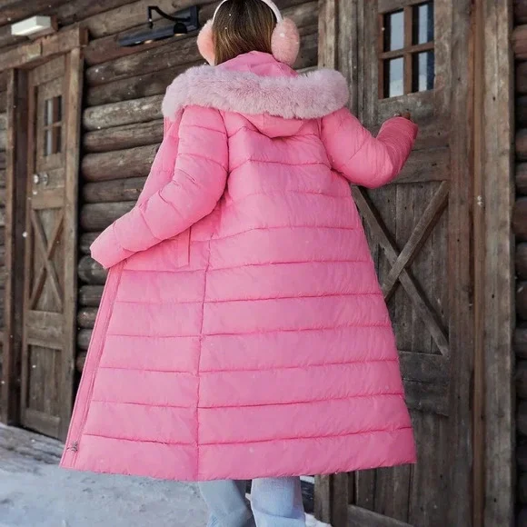 Pink Casual Women's Oversized Furry Collar Hooded Straight Thick Warm Down Coat - Picture 5 of 5
